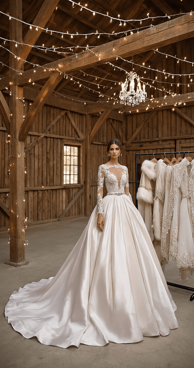 A beautifully styled rustic-luxe barn interior featuring wooden beams adorned with twinkle lights. In the foreground, a bride showcases a heavy silk ball gown with long illusion sleeves and a high neckline, complemented by a removable overskirt. Nearby, a rack displays coordinating accessories including an embroidered cape, fur hand muff, and a crystal-encrusted belt, capturing the enchanting venue atmosphere and elegant details.