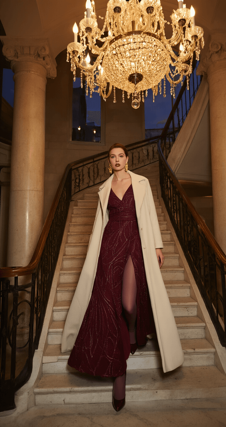 A model descends a grand staircase in a burgundy brocade A-line gown with metallic threading, complemented by a cream wool coat. Flesh-tone thermal tights are visible through a slit in the gown. The scene features warm chandelier lighting and a wide shot capturing the sophisticated ballroom architecture, with the model wearing gold statement earrings and deep wine patent leather pumps.