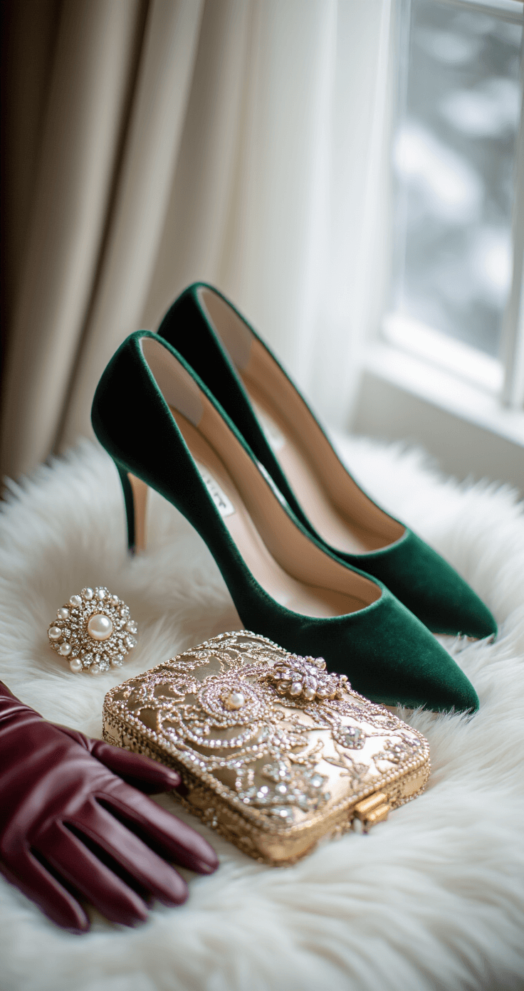 A close-up detail shot of winter wedding accessories arranged on white faux fur, featuring forest green crystal-encrusted velvet pumps, pearl-studded ear cuffs, an antique gold clutch with art deco patterns, and silk-lined oxblood leather gloves, illuminated by soft window light during blue hour.