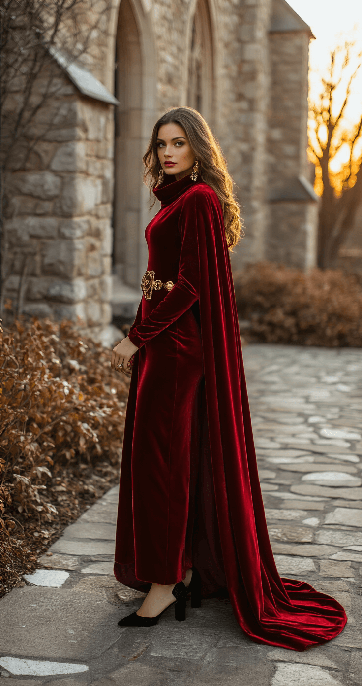 A guest in a ruby red velvet gown with long sleeves and a cowl back, complemented by a matching cape and vintage gold jewelry, stands elegantly in a historic church courtyard at sunset, surrounded by stone architecture and winter foliage, captured with an 85mm lens for a soft background blur.
