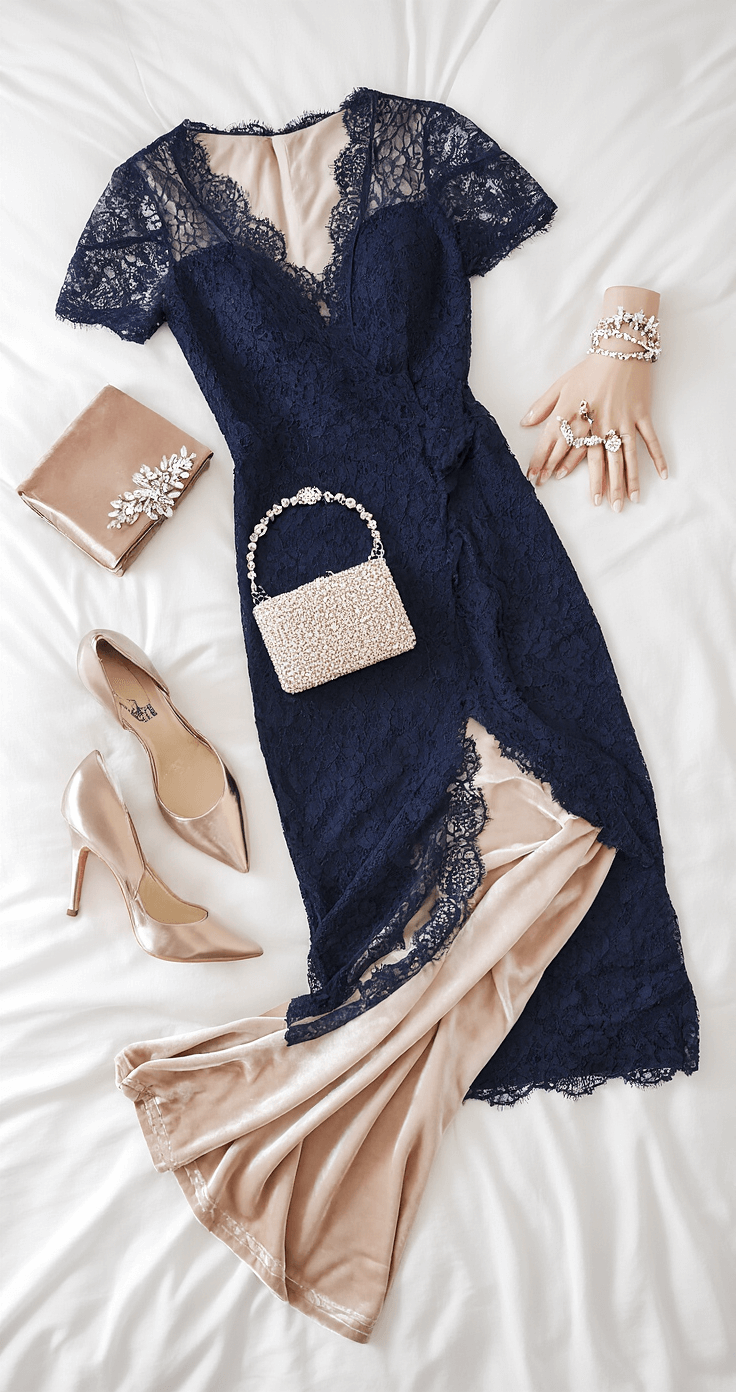 A luxurious flat lay of a navy lace gown with nude lining on white bedding, accompanied by crystal-embellished accessories including an art deco headband, delicate bracelet stack, and a beaded clutch, complemented by a champagne velvet wrap and metallic pumps, all illuminated by soft morning light.