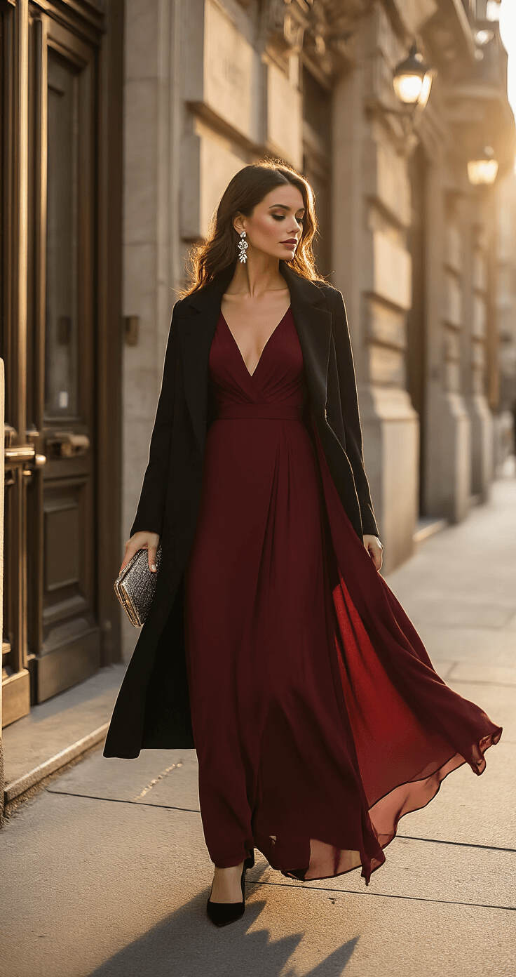 A wedding guest in a flowing burgundy maxi dress and tailored black wool coat stands outside a historic venue during golden hour, with crystal drop earrings and a metallic clutch, captured from a low angle to highlight her dress and a soft backlight creating a halo effect.