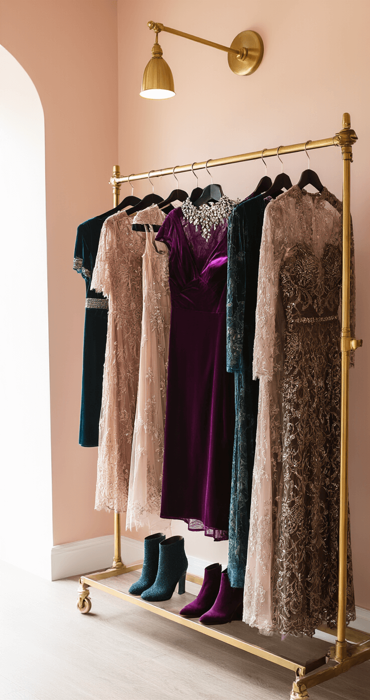 Chic boutique dressing room with blush walls and brass fixtures, featuring a luxury rack displaying winter wedding guest dresses in jewel tones, metallics, and lace. A stunning deep amethyst tea-length dress is paired with crystal-embellished boots, illuminated by natural light and warm spotlighting to highlight the fabric textures.
