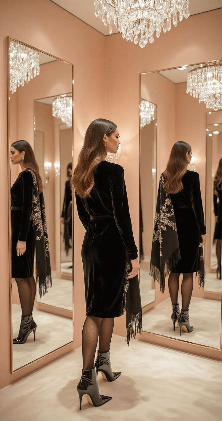 A model in a luxurious private shopping suite, wearing a black velvet midi dress and metallic pointed boots, examines herself in a three-way mirror, surrounded by champagne-colored walls and elegant crystal lighting, with a coordinating embellished shawl nearby.