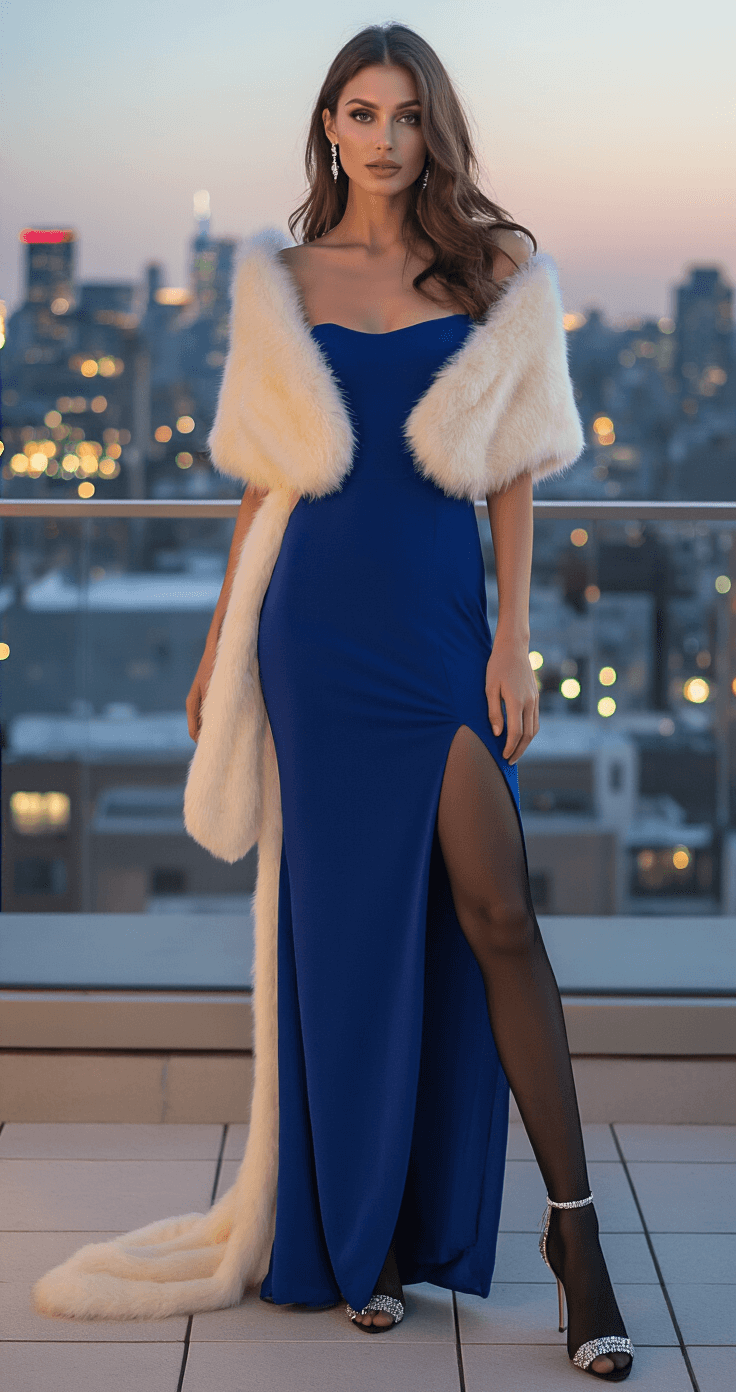 Model in a sapphire blue maxi dress with a side slit, wearing a cream faux fur stole, black sheer tights, and crystal-embellished heels, poses on an urban rooftop terrace at dusk with city lights twinkling in the background.