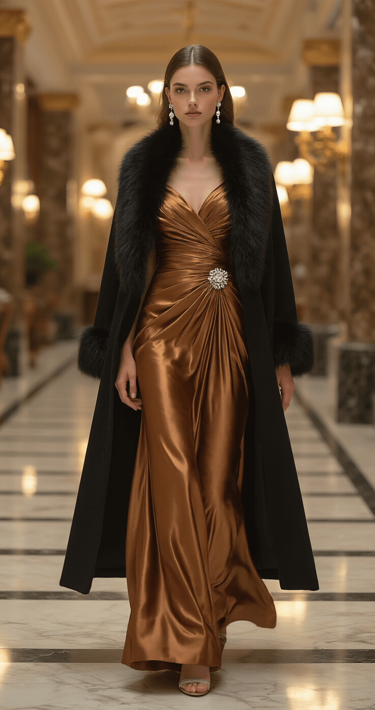 An elegant hotel lobby with marble floors and vintage mirrors features a model in motion wearing a bronze satin gown with intricate pleating and a black wool coat with a fur collar. She accessorizes with pearl drop earrings and a vintage crystal brooch, all highlighted by warm interior lighting that emphasizes the gown's metallic sheen.