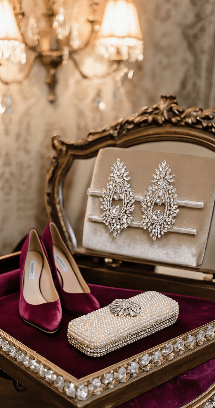 Close-up of an elegant boutique dressing room showcasing winter wedding accessories on a velvet tray, featuring crystal hair clips, art deco earrings, and a pearl clutch, alongside burgundy velvet pumps, all accented by soft, diffused lighting.