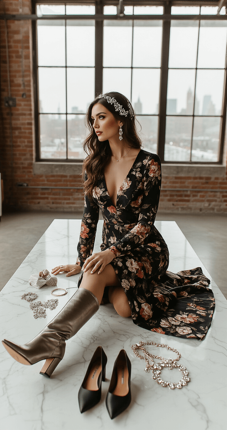 Flat lay of winter wedding outfit options in a contemporary loft with industrial elements; includes a dark floral midi dress, metallic heeled boots, crystal hair accessories, and sophisticated jewelry pieces, all arranged on a white marble surface with natural light from large windows.