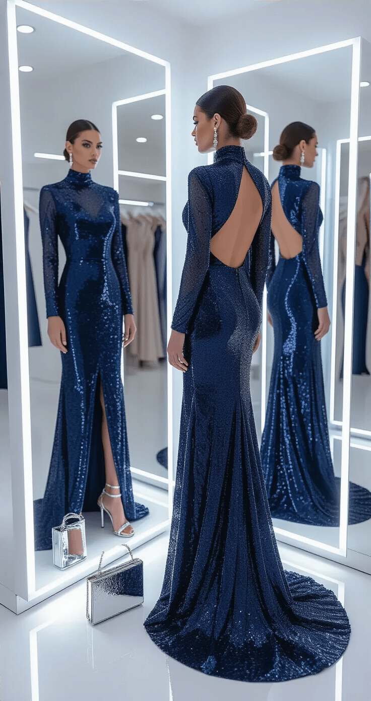 A model trying on a navy blue sequined gown with a high neck and long sleeves in a modern boutique fitting room, illuminated by diffused daylight, with silver strappy heels, a mirrored evening bag, and diamond jewelry nearby, captured in a three-way mirror setup.