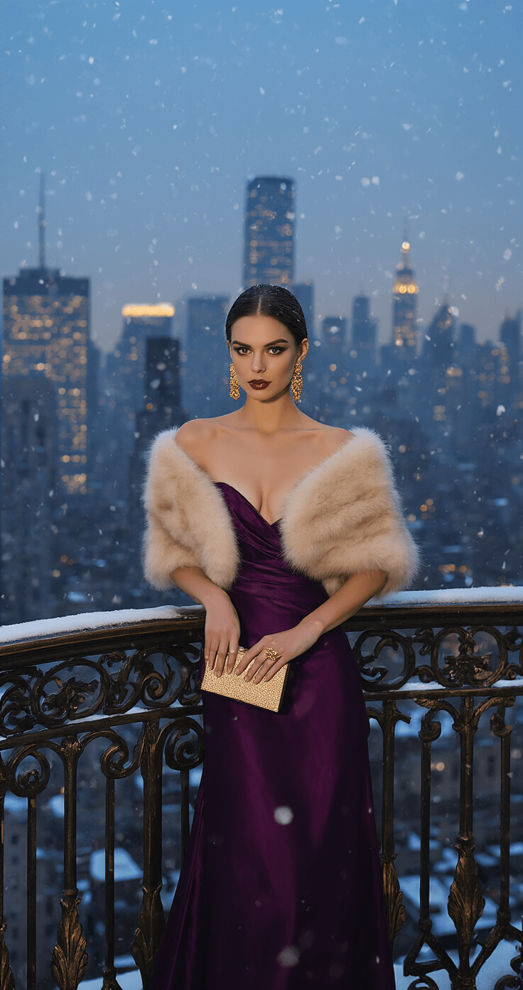 A model in a deep purple silk gown leans against an ornate balcony railing, with twinkling city lights behind her and gentle snow falling. She wears a champagne-colored fur stole, gold statement earrings, and holds a metallic box clutch. The shot captures the dramatic skyline at dusk with a blend of natural and artificial lighting.