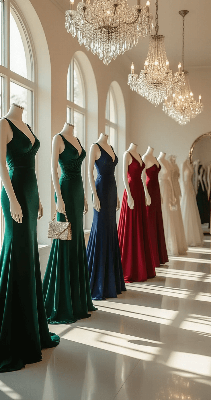 A minimalist bridal boutique interior bathed in morning light, featuring a collection of winter formal gowns in rich jewel tones—emerald, sapphire, and ruby—displayed on elegant mannequins with coordinating metallic shoes, evening bags, and statement jewelry. Crystal chandeliers overhead illuminate the space with prismatic light patterns.
