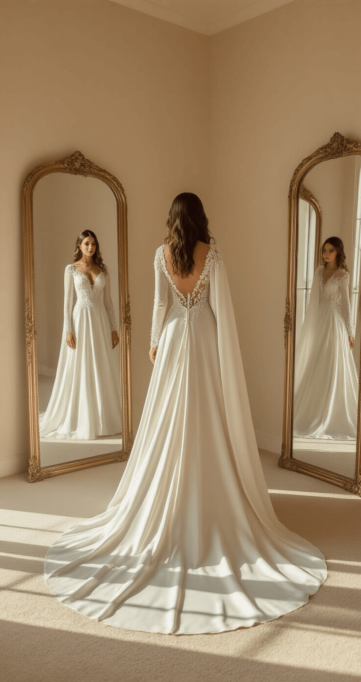 A luxurious bridal boutique interior with a bride-to-be admiring herself in a triple mirror, wearing a floor-length winter white velvet wedding gown with intricate beading and a cathedral-length velvet cape, bathed in warm afternoon light.