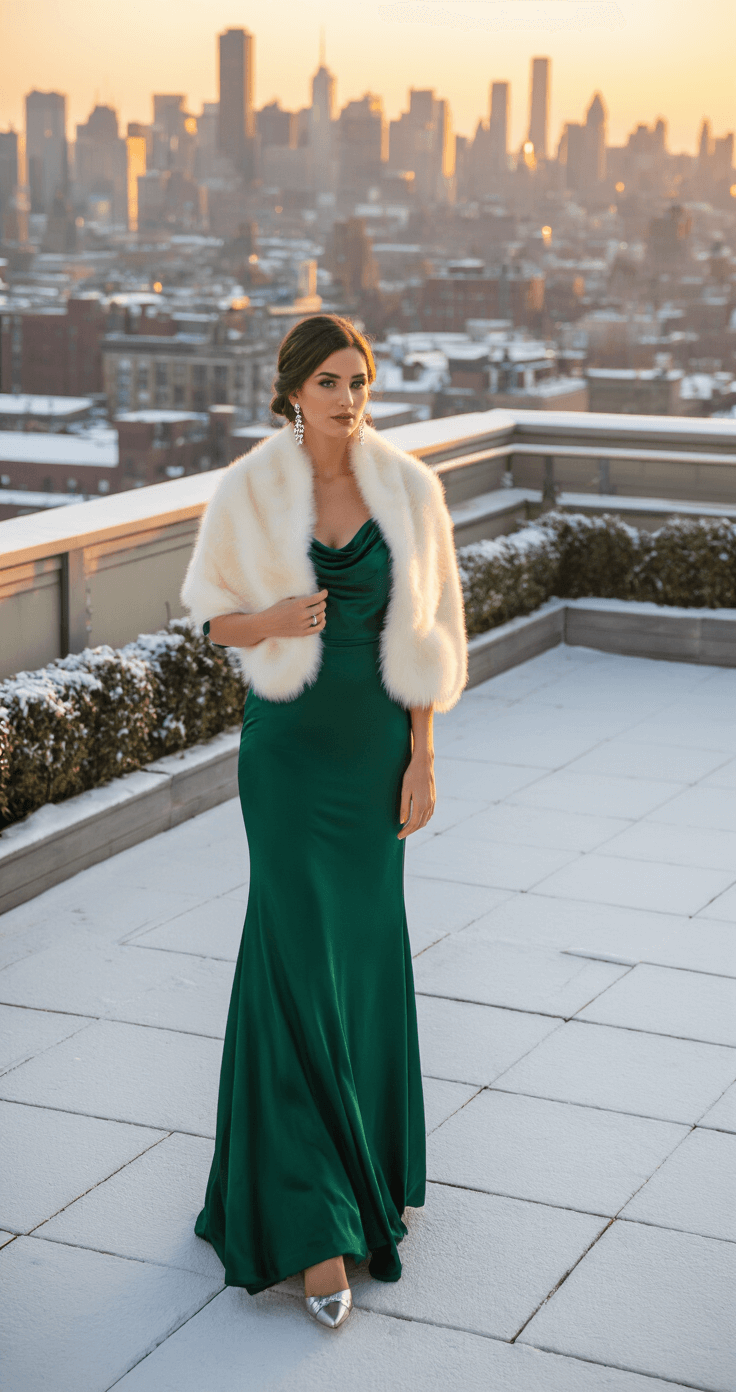 A wedding guest in an emerald green satin gown with a cowl neckline and crystal drop earrings stands on a rooftop terrace with a snow-dusted cityscape behind her, draped in a cream faux fur stole as golden hour sunlight casts a warm glow.