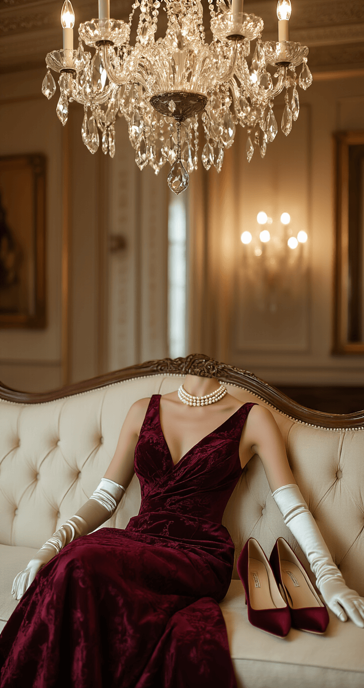 Close-up of a burgundy brocade cocktail dress on a cream chaise lounge, paired with pearl-trimmed velvet pumps, long satin gloves, and a vintage-inspired hair clip, with elegant crystal chandeliers in the background.