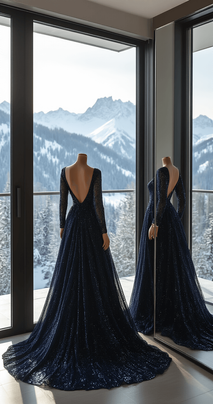 A wedding guest trying on a midnight navy sequined gown in a contemporary penthouse dressing room with floor-to-ceiling windows, overlooking snowy mountains. The gown sparkles in the morning light, paired with gold strappy heels and a delicate gold bracelet, captured in a full-length reflection using natural light.