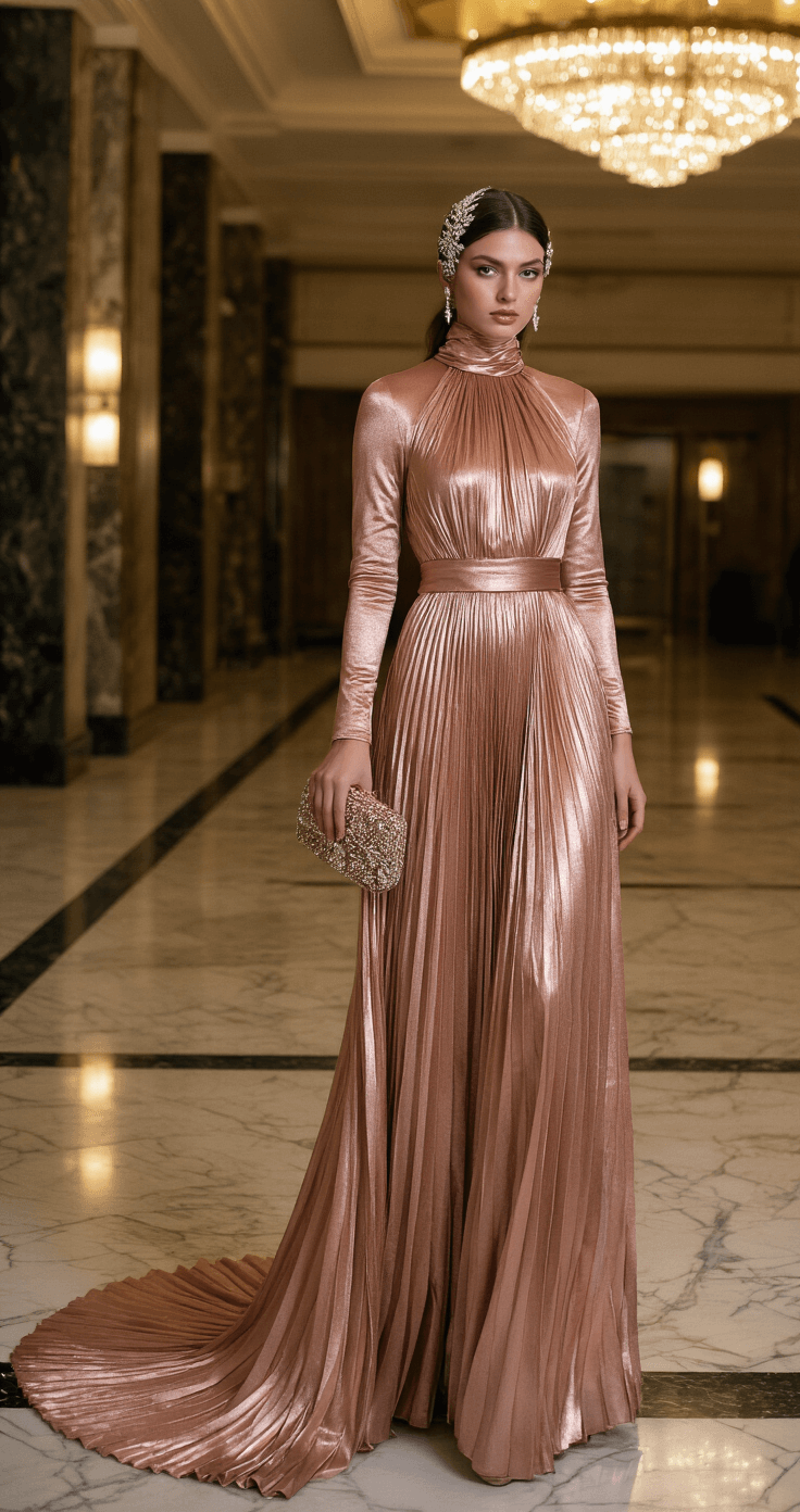 A glamorous guest in a rose gold metallic pleated gown stands in an art deco-inspired hotel lobby with marble floors and gilded details, showcasing a crystal-embellished hairpiece and clutch, illuminated by evening lighting.