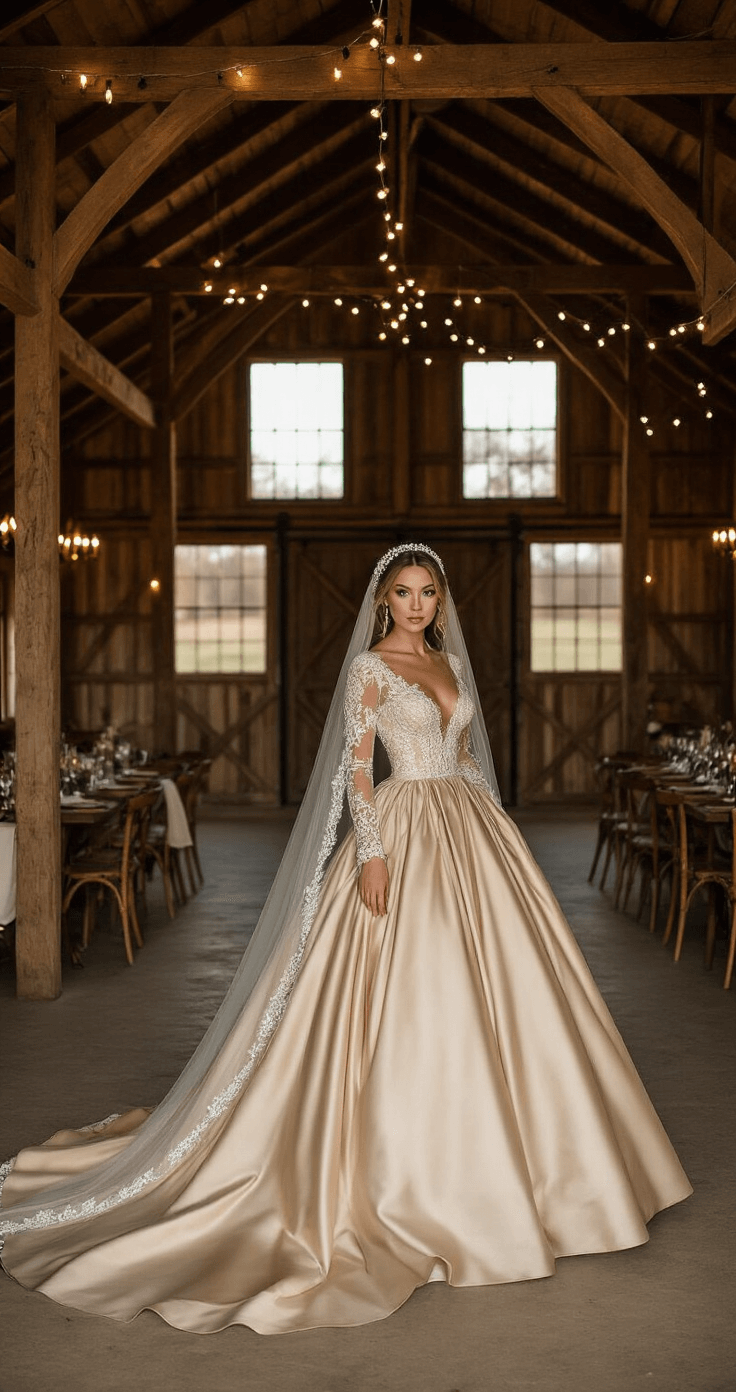 A bride in a champagne-colored satin ball gown with long sleeves and a textured bodice stands elegantly in a rustic-luxe barn venue, adorned with exposed wooden beams and glowing string lights. She wears a pearl-adorned cathedral veil and cream leather boots, illuminated by golden hour light streaming through barn windows, capturing her natural movement in a photojournalistic style.