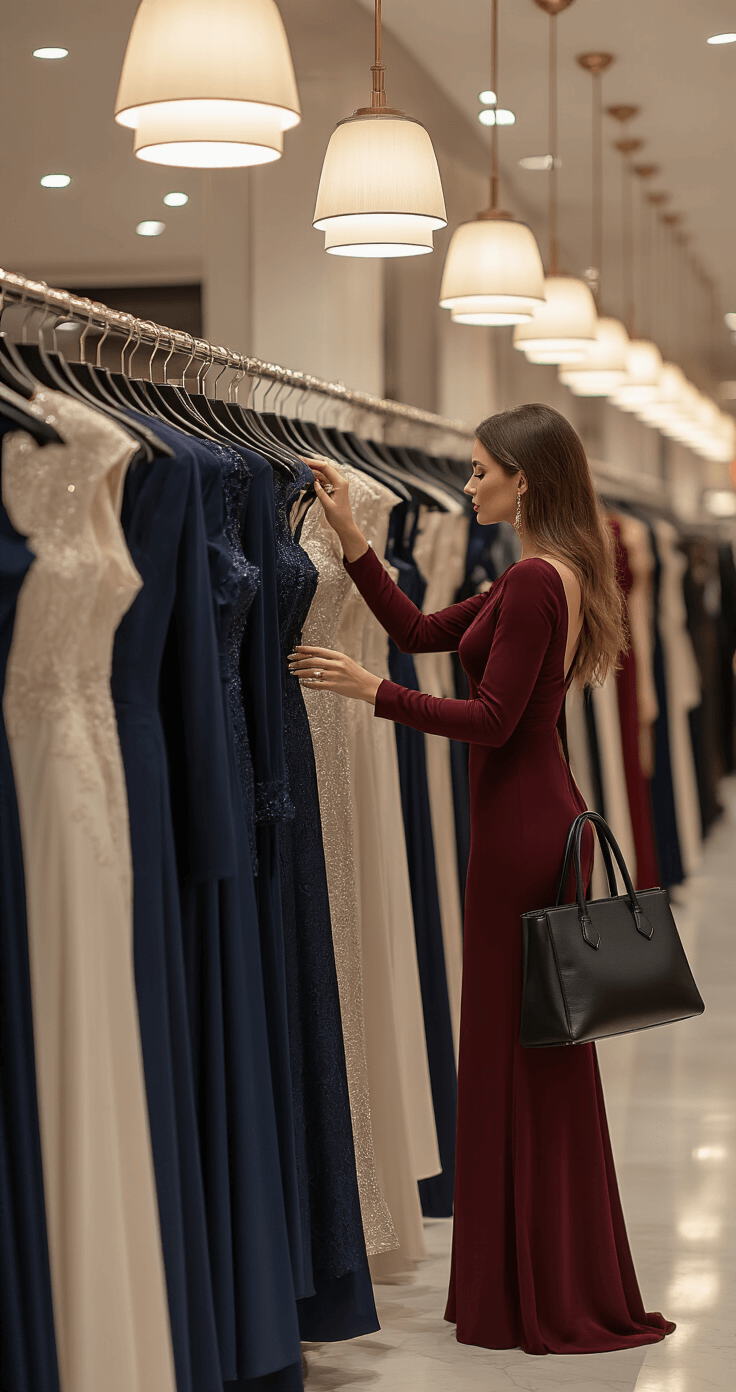 A sophisticated woman examines a rack of winter wedding guest dresses in a high-end department store, with deep navy and burgundy gowns illuminated by soft pendant lighting, while a black leather designer tote rests beside her.