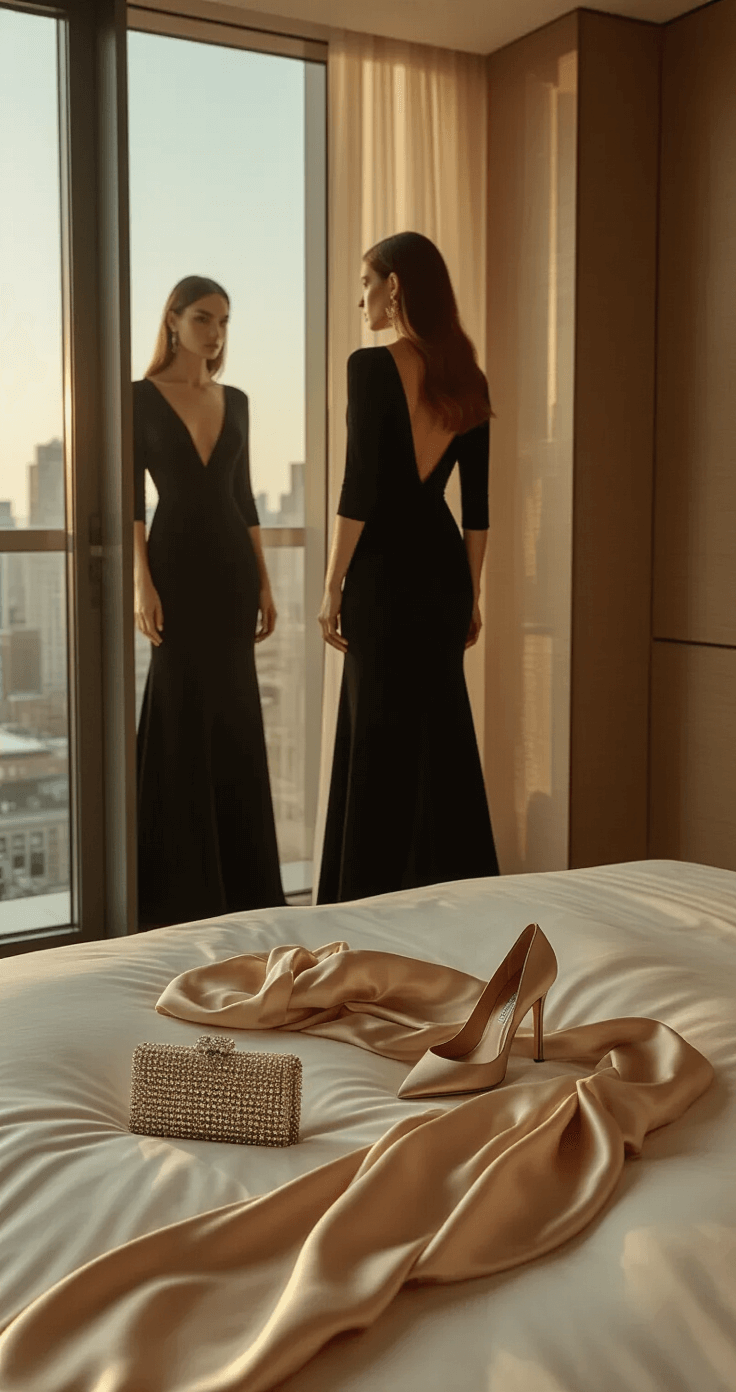 A woman in a floor-length black crepe gown stands before a full-length mirror in a chic urban master bedroom, illuminated by late afternoon light. On the bed, an arrangement of accessories includes a crystal-embellished clutch, nude heels, and a champagne silk wrap, creating an intimate atmosphere.