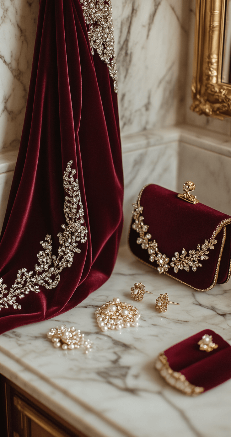 A close-up of a luxurious marble bathroom showcasing a burgundy velvet gown with delicate beading hanging from a gilded hook, surrounded by elegant winter wedding accessories including pearl hair pins, gold statement earrings, and a vintage-inspired evening bag, all highlighted by soft, diffused lighting that emphasizes the rich fabric textures.