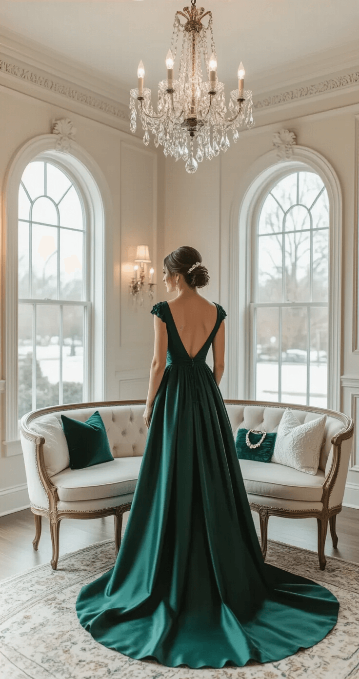 A winter wedding guest trying on a deep emerald heavy silk dress in an upscale bridal boutique's elegant private styling area, featuring crown molding and crystal chandeliers, with natural light illuminating the dress.