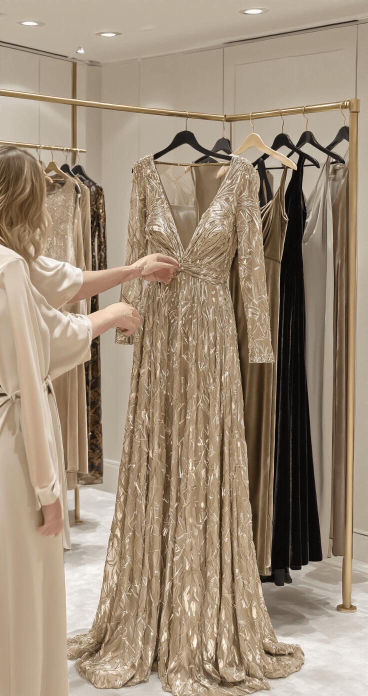 A woman elegantly examines winter gowns in a minimalist dressing room, with a focus on a stunning floor-length metallic gold dress on a brass rack, surrounded by plush fabrics and soft, even lighting.