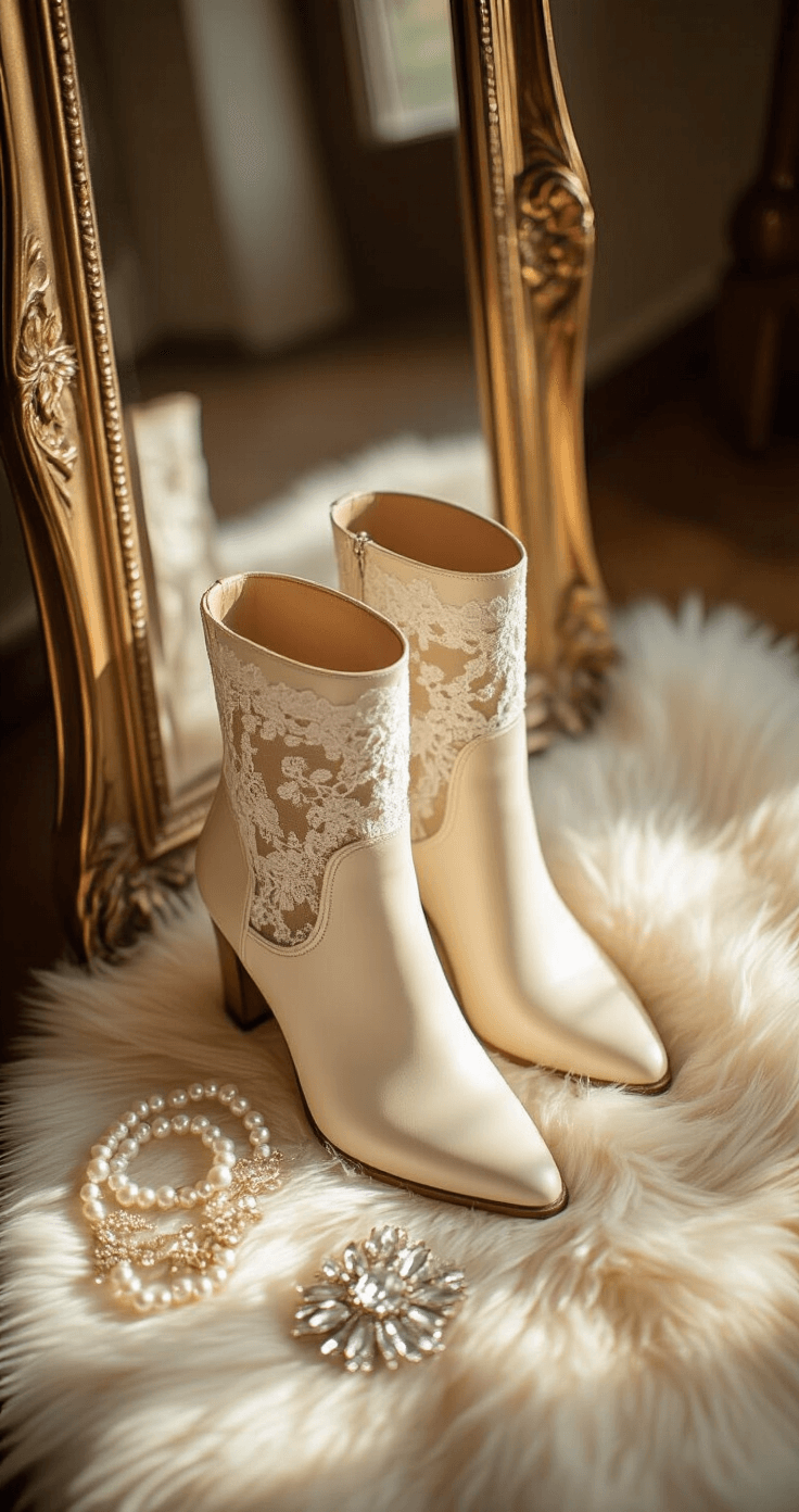 Close-up of elegant ivory leather ankle boots with lace overlay beside a vintage mirror, surrounded by pearl hairpieces and crystal accessories on a soft faux fur rug, illuminated by warm golden hour light.