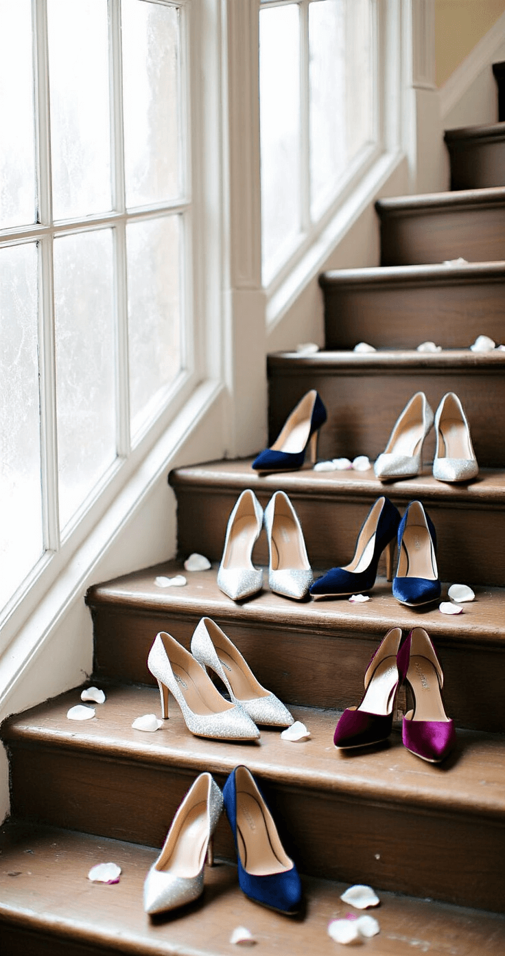 Historic winter wedding venue foyer with afternoon light filtering through frosted windows, featuring a collection of anti-slip wedding shoes on vintage wooden steps, including silver block heels, navy blue pumps, and burgundy velvet courts, surrounded by scattered rose petals and delicate snowflake decorations.