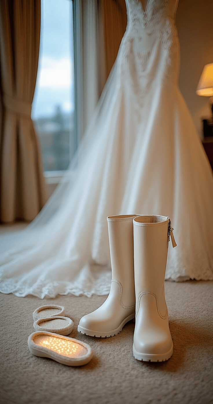 An elegant hotel suite during the blue hour, showcasing a bride's getting-ready scene with waterproof ivory wedding boots featuring hidden warming features, thermal insoles, and comfort accessories displayed beside an intricately hung wedding dress. The low-angle shot highlights the boot details against a plush carpet, with soft bokeh in the background.