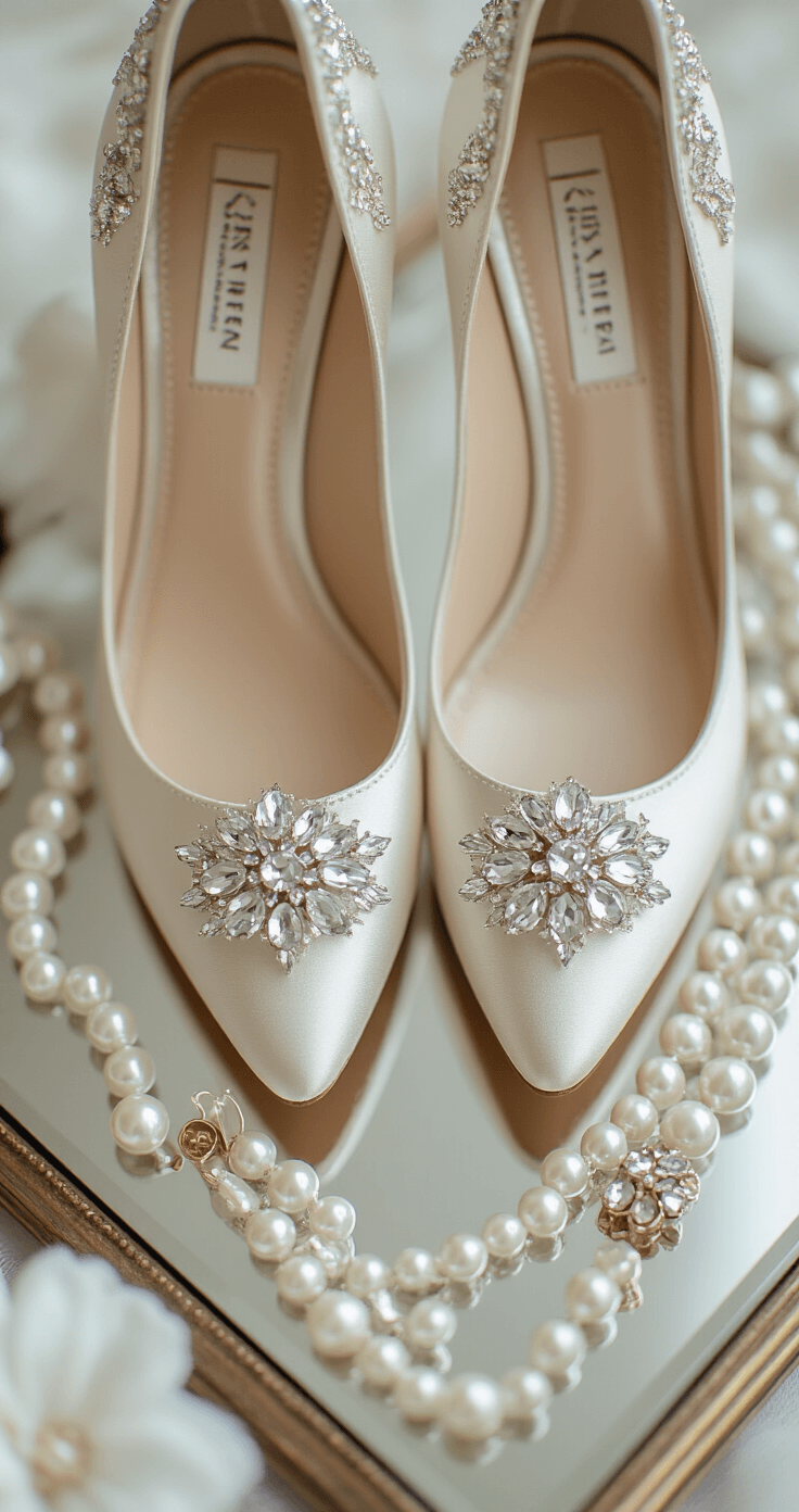 Aerial view of a contemporary bridal boutique vignette featuring embellished Mary Janes, crystal-adorned flats, and low-heel satin pumps arranged on a mirrored surface, with winter wedding accessories like pearl anklets, shoe clips, and warming pads artfully scattered around, illuminated by natural midday light.