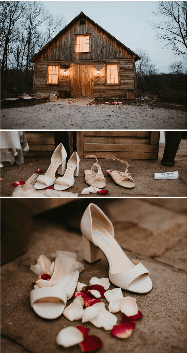 Behind-the-scenes view of a rustic-luxe winter wedding venue at dusk, featuring practical wedding shoe options including comfortable block heels, elegant wedges, and backup designer flats, along with scattered rose petals and a wedding emergency kit, all captured in warm mixed lighting at eye level.