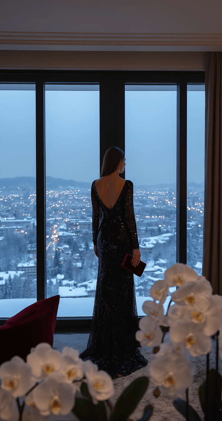 A woman in a black sequined maxi dress stands by floor-to-ceiling windows in a luxurious hotel suite, overlooking a snow-dusted cityscape at dusk. She wears burgundy velvet pumps and a matching velvet clutch, accessorized with rose gold jewelry. The scene is framed by modern luxury furniture and white orchids, highlighting the sparkle of the dress in the evening light.
