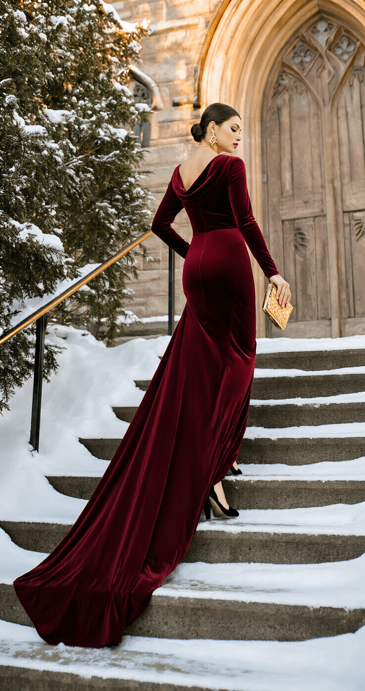 A woman in a burgundy velvet gown ascends snow-covered steps of a historic chapel at golden hour, showcasing her black suede block-heel pumps, gold geometric clutch, and statement earrings against a backdrop of winter greenery and stone architecture.