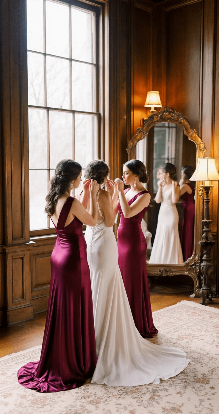 Intimate pre-wedding scene in a historic mansion's master suite with three bridesmaids in rich wine and rose gold satin dresses adjusting crystal drop earrings, illuminated by soft light through frosted windows, reflected in vintage mirrors.