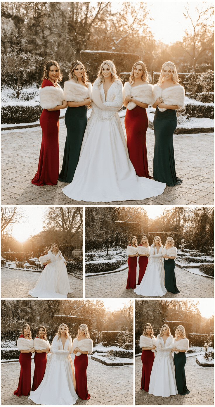 Atmospheric winter wedding scene at golden hour featuring five bridesmaids in jewel-toned gowns with cream faux fur stoles, standing gracefully on a snow-dusted garden terrace, illuminated by soft sunlight.