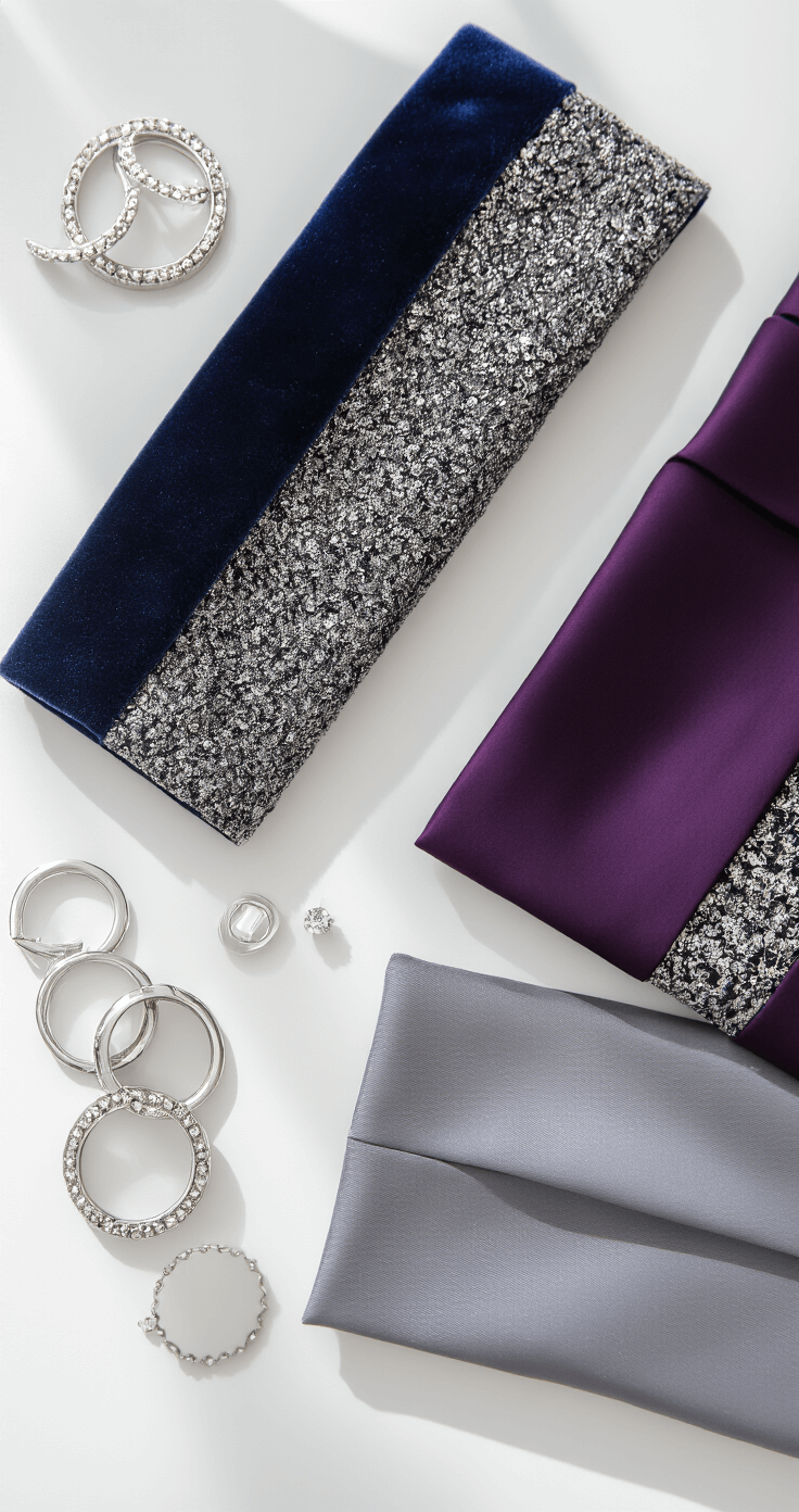 Close-up detail shot of bridesmaid dress fabrics including metallic thread-embedded velvet, duchess satin, and structured crepe in navy, charcoal, and deep purple, arranged on a white styling table with silver accessories, captured in bright midday lighting.