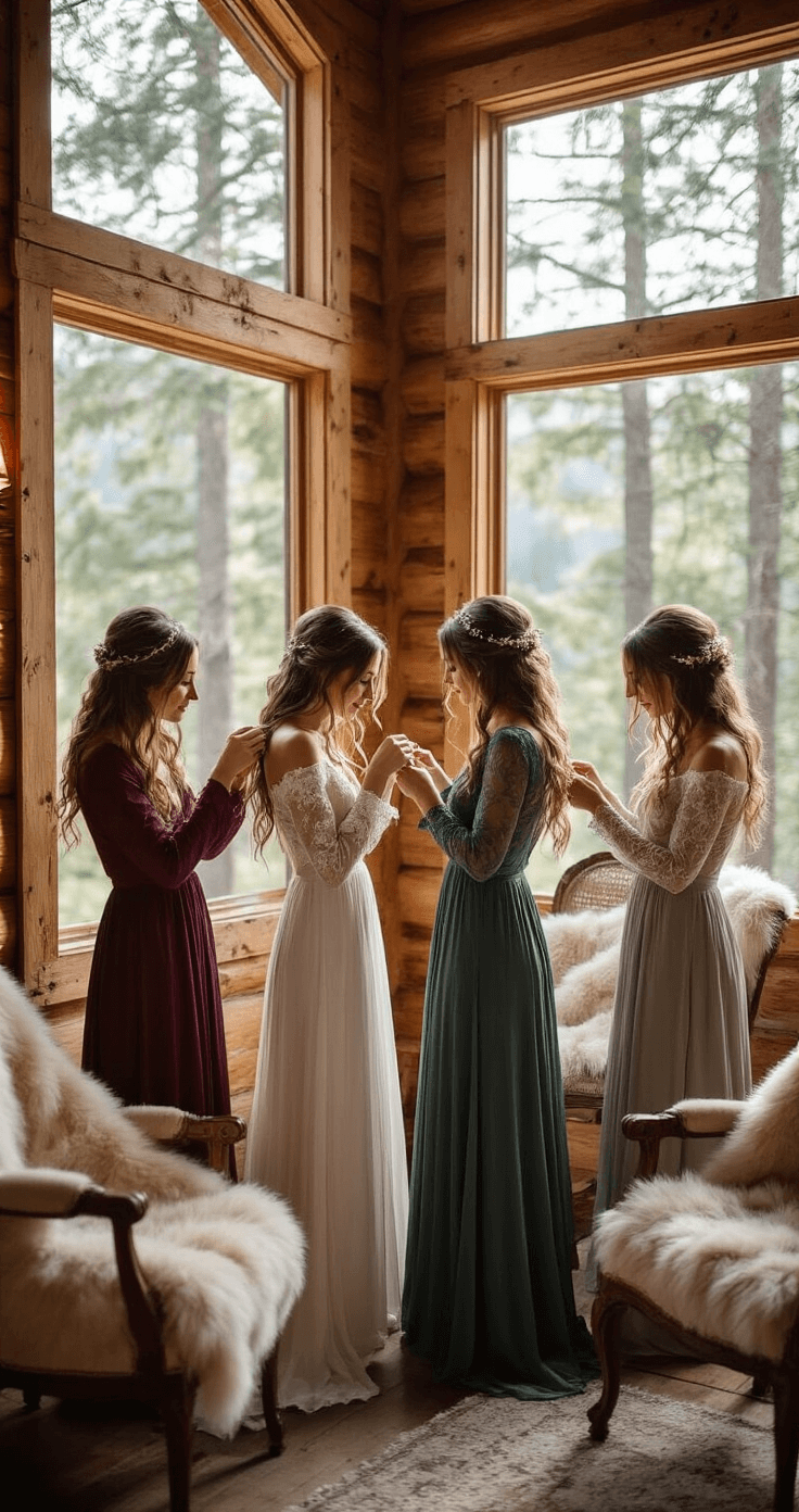 A cozy cabin scene with morning light streaming through pine trees, featuring bridesmaids in jewel-toned long sleeve gowns assisting each other with gold jewelry. Plush fur wraps are draped over vintage chairs in the background, captured in a lifestyle documentary style with natural light.