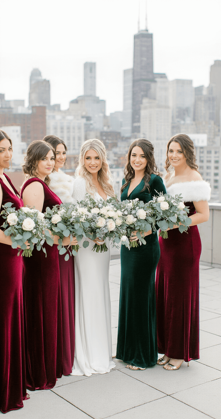 Urban rooftop wedding ceremony with bridesmaids in velvet gowns holding winter bouquets, against a dramatic city backdrop in late afternoon winter light.