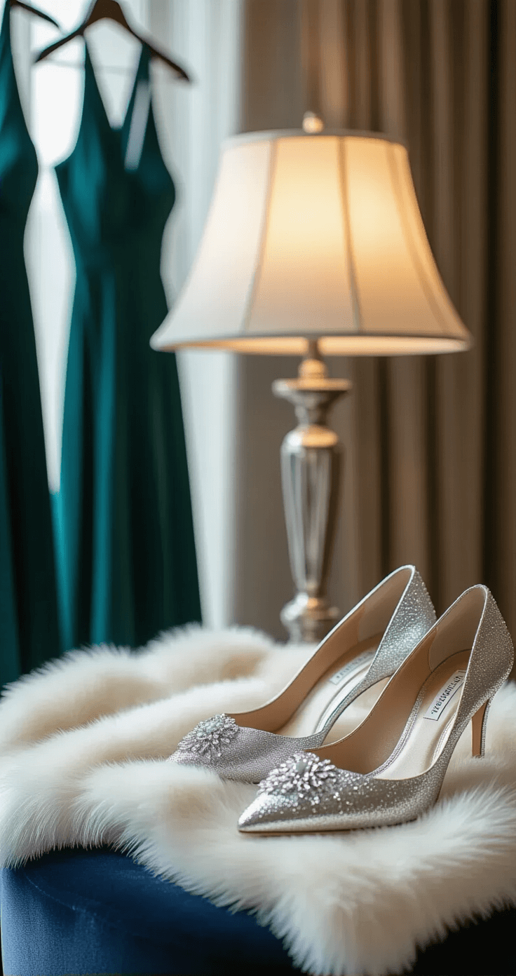 Elegant hotel suite dressing room featuring soft lamp and window light, highlighting a plush velvet ottoman displaying crystal drop earrings, silver heeled pumps, and draped cream and silver faux fur wraps, with dark emerald and navy dresses hanging in the background.
