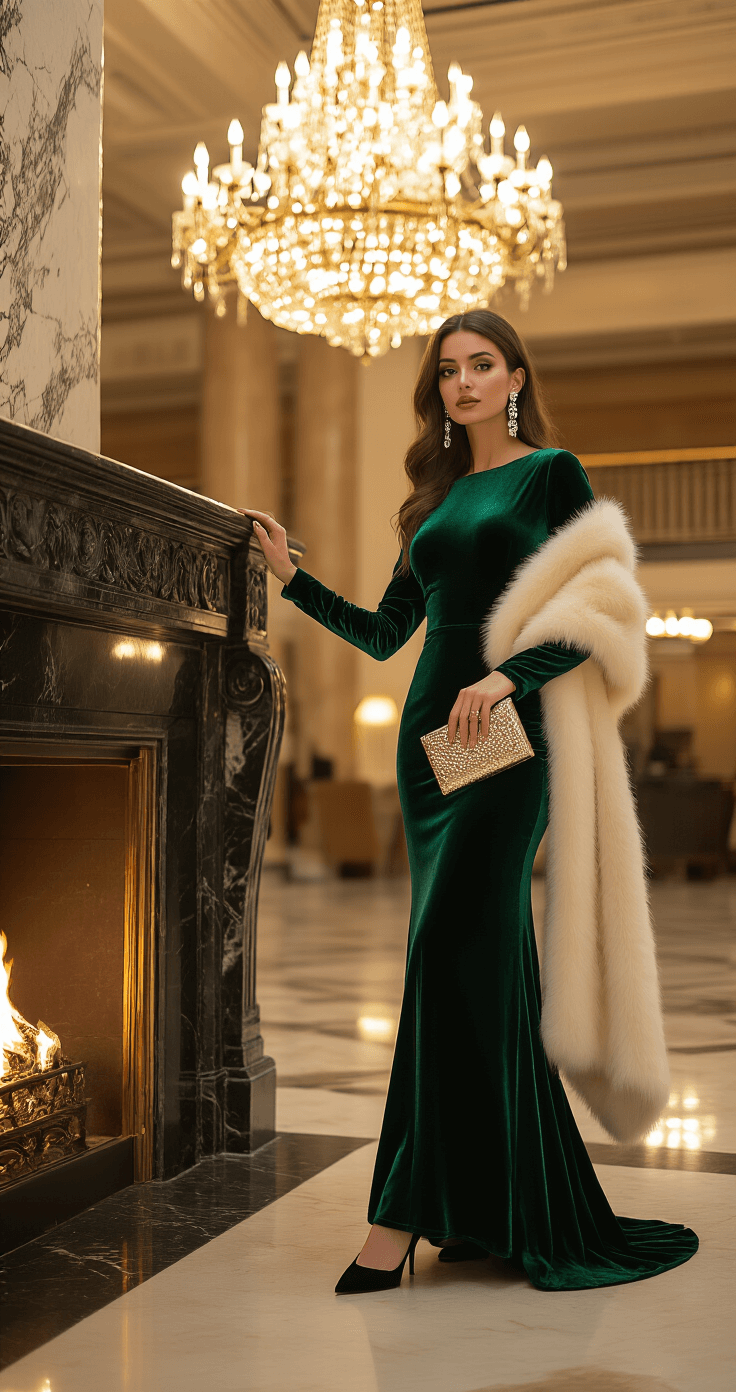 Elegant winter evening scene in a luxurious hotel lobby featuring a woman in a floor-length emerald velvet gown with long sleeves, near a grand marble fireplace. The warm glow of a golden chandelier highlights her rich dress texture, complete with crystal drop earrings and a metallic clutch. Black suede pointed-toe pumps are visible beneath the hem, and a cream faux fur wrap is draped over one shoulder. The image is captured from a low angle with soft depth of field.