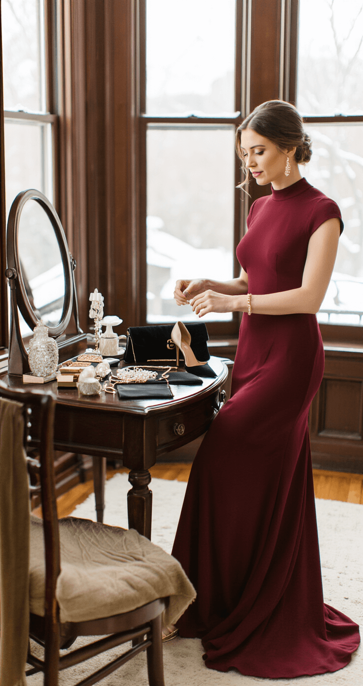 An intimate scene in a classic brownstone bedroom with natural light highlighting a woman in a burgundy gown adjusting a gold bracelet at her vanity, surrounded by winter wedding accessories including pearl drop earrings and a black satin clutch.