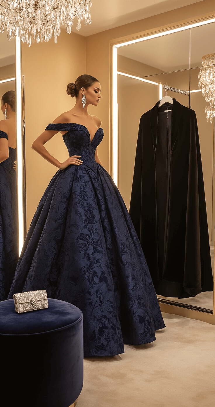 A woman in a navy brocade ballgown with structured bodice and full skirt examines herself in a sophisticated boutique dressing room, featuring floor-to-ceiling mirrors and warm overhead lighting. An elegant black wool cape hangs nearby, while crystal chandelier earrings and a silver art deco clutch are displayed on a velvet ottoman. The modern minimalist interior has champagne-colored walls.