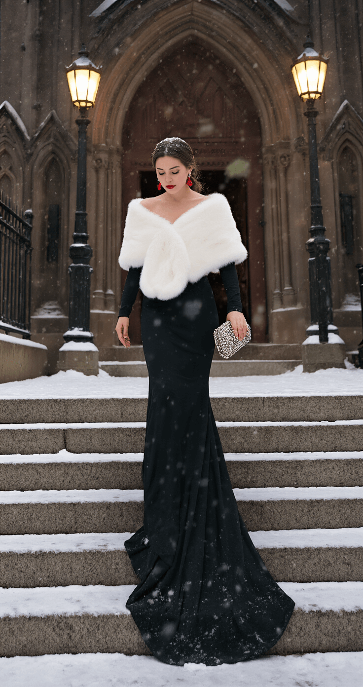 A woman in a black fitted crepe gown with long sleeves and a subtle train ascends the snow-covered steps of a historic church at twilight, wrapped in a dramatic white faux fur stole. She carries a beaded clutch, and her ruby drop earrings shimmer in the light of vintage street lamps. Black velvet block-heel pumps add elegance as fresh snow falls softly around her, captured from below to highlight the church’s architecture.