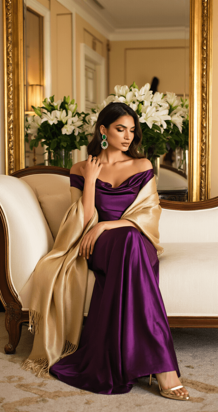A woman in a deep purple satin gown drapes a champagne-colored pashmina shawl over her shoulders while seated on a cream chaise lounge in a luxury hotel suite, illuminated by golden hour light. She wears emerald statement earrings and metallic heels, with a vintage mirror and fresh white flowers visible in the background.