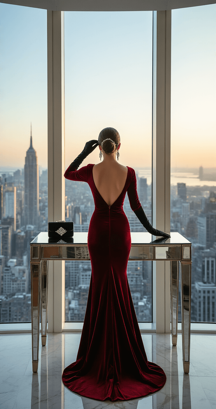 A woman in a ruby red velvet gown stands before floor-length windows in a modern penthouse dressing area, styling a crystal hair accessory. Her black leather opera gloves and embellished clutch are placed on a mirrored console, while diamond drop earrings sparkle in the late afternoon light. The city skyline is visible through the windows, captured from behind with her reflection in view.
