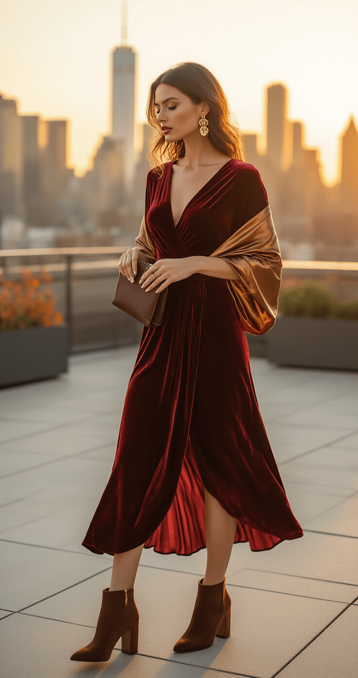 A model in a burgundy velvet midi dress and metallic bronze wrap adjusts her outfit on a sunlit urban rooftop terrace during golden hour, with autumn-tinted skyscrapers in the background.