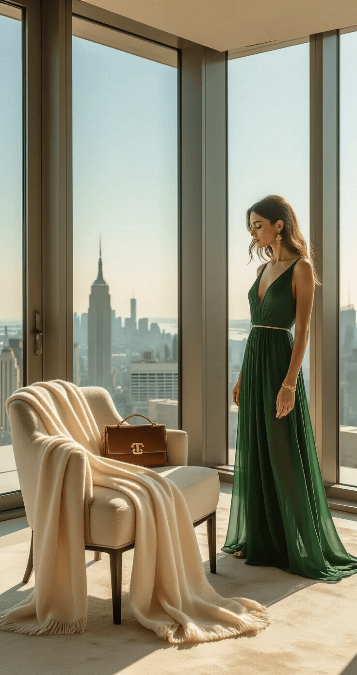 A woman in a forest green chiffon maxi dress examines her reflection in a minimalist penthouse with floor-to-ceiling windows. A cream cashmere wrap rests on a chair, and gold-toned jewelry and a vintage burnished bronze clutch enhance her elegant look, highlighting the interplay of light with the flowing fabric.