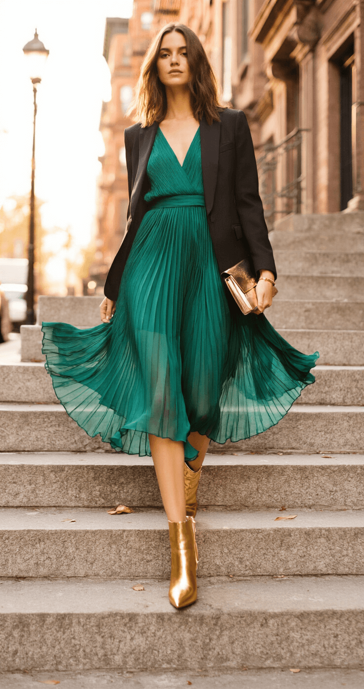 A woman wears a jewel-toned emerald pleated dress and a black blazer on historic brownstone steps, with flowing layers lifted by an autumn breeze, complemented by gold-accented ankle boots and a metallic clutch, bathed in warm late afternoon light.