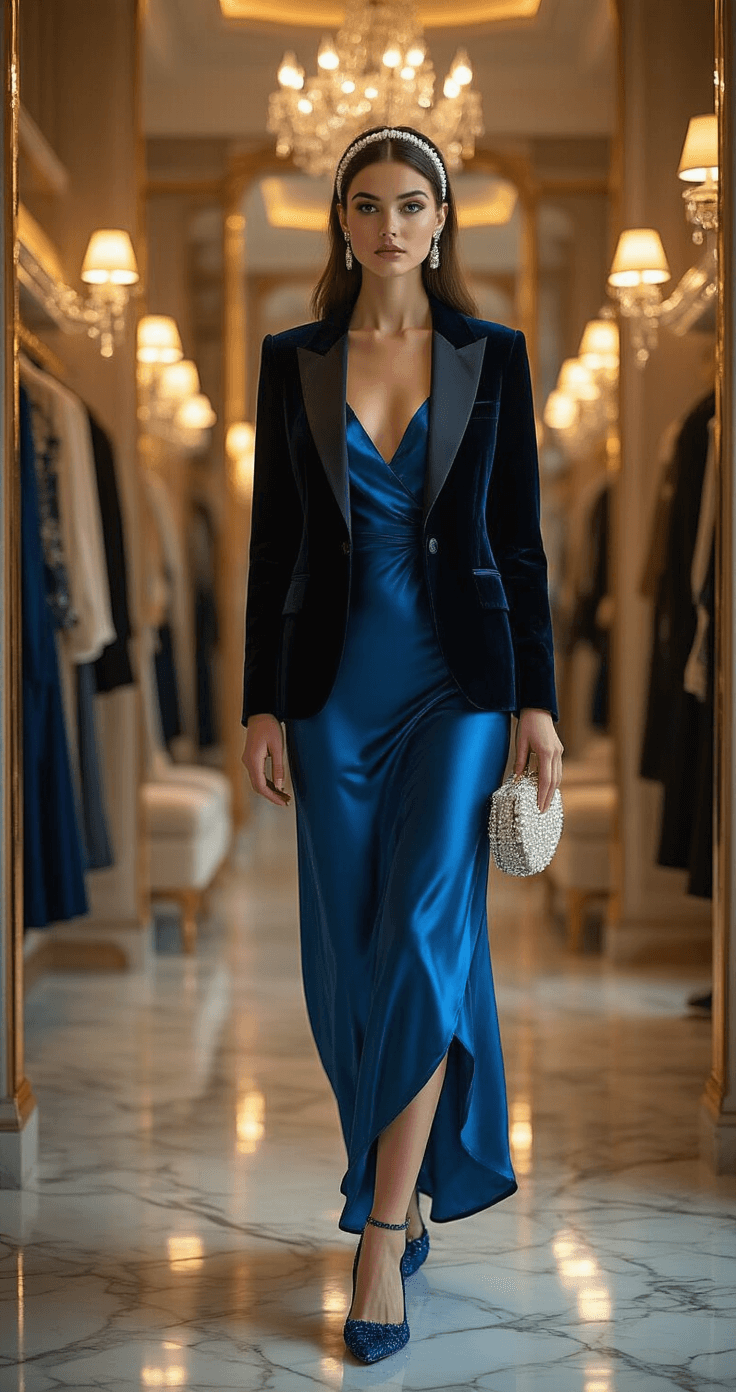 A model in a sapphire blue silk slip dress and fitted black blazer poses in a luxurious boutique dressing room, showcasing crushed velvet shoes, a pearl-embellished headband, and a vintage crystal clutch, with marble flooring and ambient lighting creating a sophisticated atmosphere.