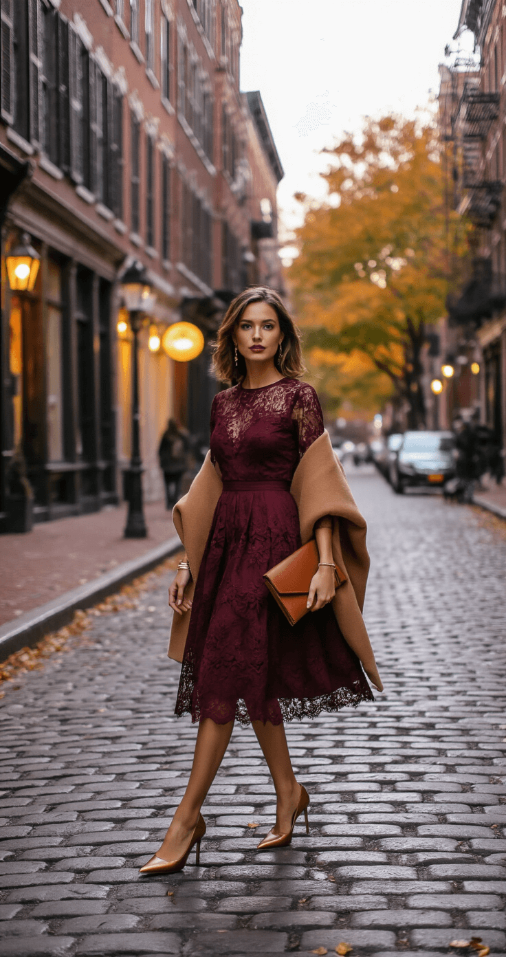A model in a burgundy tea-length dress with lace overlay crosses a cobblestone street in a historic district at dusk, surrounded by trees in fall colors. She wears pointed-toe bronze heels and carries a matching leather clutch, complemented by a camel-colored wool wrap. The scene captures the warm glow of storefronts and natural street lighting, with a focus on movement and city ambiance.
